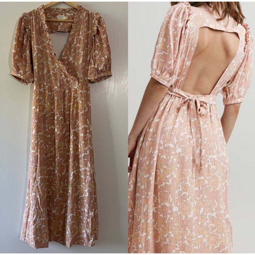 Atelier Rêve Womens Floral Maxi Open Back Dress Pink Cottagecore Size 36 Small 6